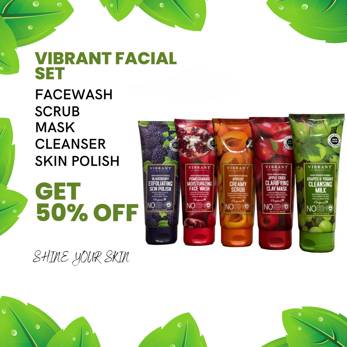 VIBRANT BEAUTY FACIAL SET OF 5 -SCRUB + MASK + SKIN POLISH + CLEANSER + FACEWASH